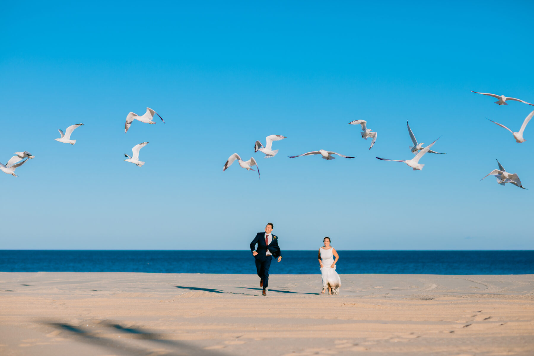Couple running on the beach as seagulls take flight